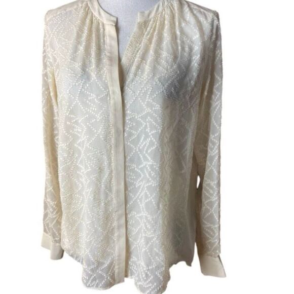 Rebecca Taylor Womens Cream Sheer Clip Dot Textured Silk Blend V Neck Top Size 4 - Picture 1 of 6